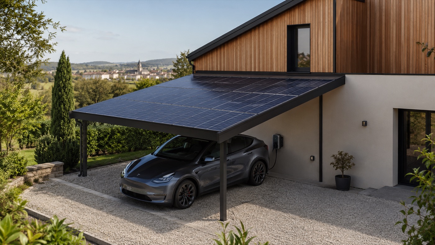 Carport solaire avec vehicule electrique et panneaux photovoltaiques