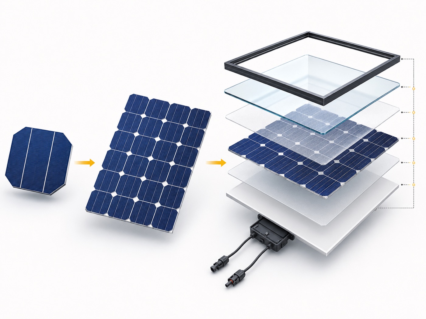 Composition d un module photovoltaique avec cellule, couches et connecteurs