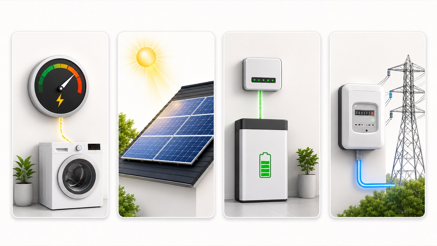 Flux d energie solaire entre toiture, batterie, logement et reseau electrique